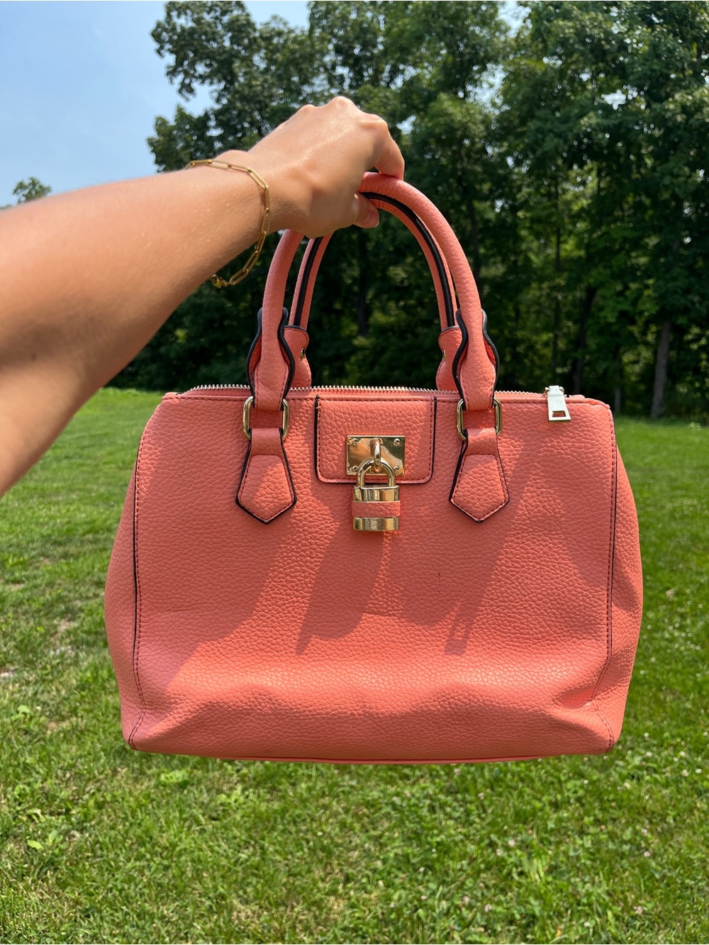 Coral Pebbled Leather Satchel Handbag with Gold Lock